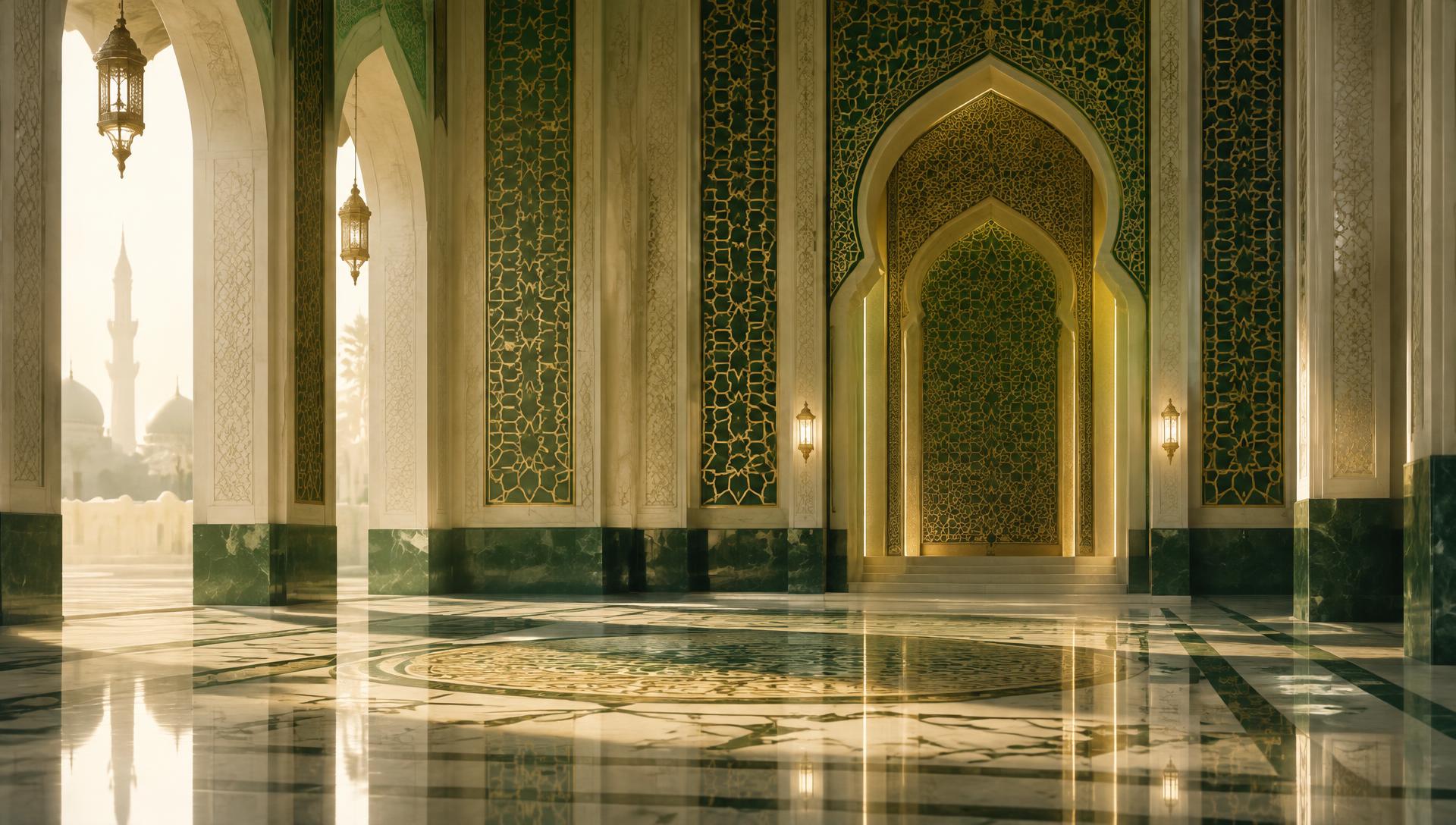 Intérieur d'une mosquée aux arches et motifs islamiques